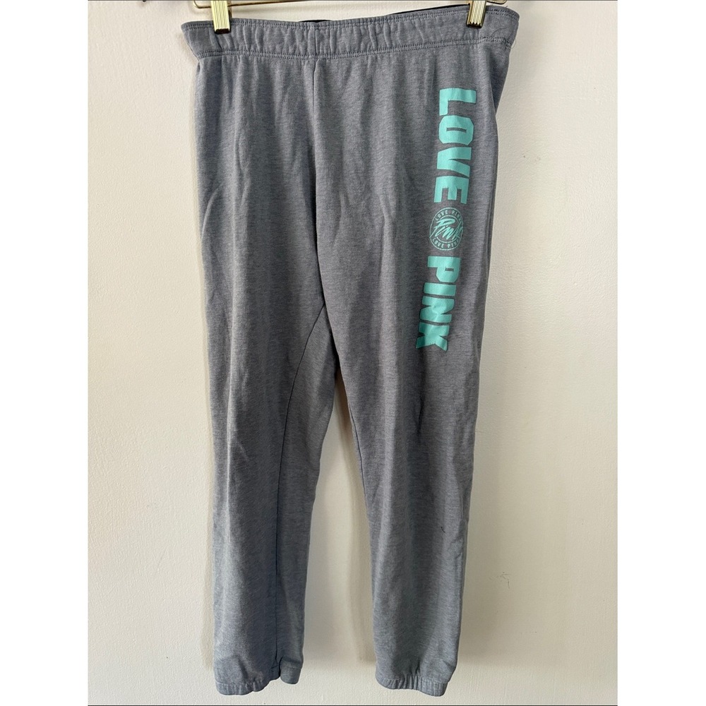 Victoria's Secret PINK Heather Grey Teal Spellout Joggers Sweatpants Small